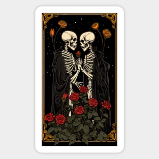 two skeletons in black robe holding each other hands Sticker